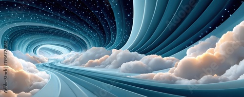 Panel kuchenny z motywem Surreal blue cloud tunnel with glowing strands and looping wave for futuristic digital travel