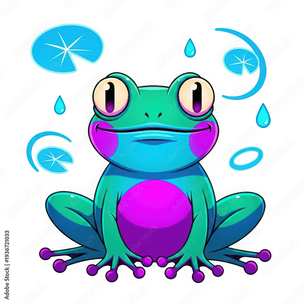 Fototapeta premium Colorful Cartoon Frog with Water Droplets.