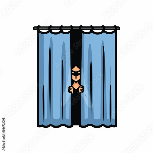 A person peeking through blue curtains