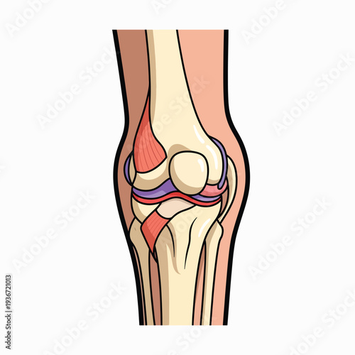 A knee joint illustration with bones, muscles, and ligaments visible