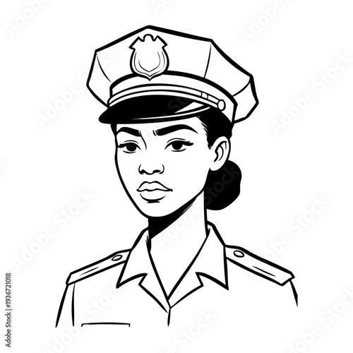 Dibujo sencillo con líneas de una mujer policía de raza negra 