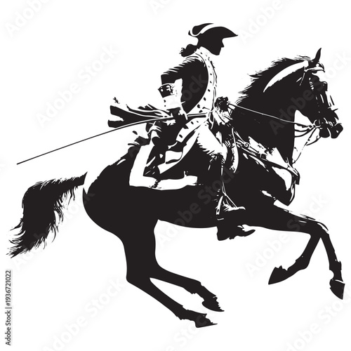 Vintage Cavalry Officer with Sword Riding Horse Silhouette Engraving Military Warrior Illustration