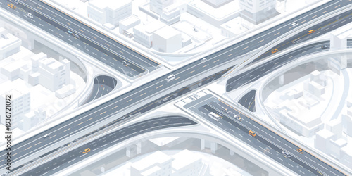 Highway Interchange, Overpass, Snowy City, Top View, Urban Road Infrastructure Illustration
