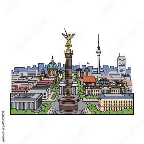 A detailed drawing of a cityscape with a statue