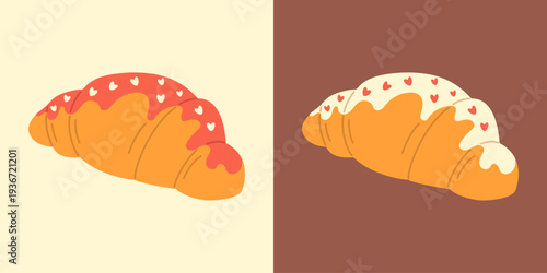 Delicious croissant with glaze. Sweet breakfast pastry. Cute logo for bakery, pastry shop, menu, cafe. Vector