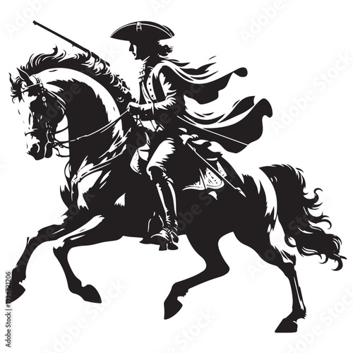 Vintage Revolutionary Cavalry Rider Silhouette Engraving Illustration Warrior on Galloping Horse