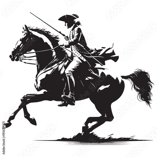 Vintage Cavalry Horse Rider Silhouette Engraving Illustration Historical Mounted Soldier Galloping