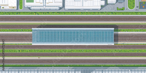 Railway Station, Train Platform, Top View, Rail Tracks, Urban Transport Illustration