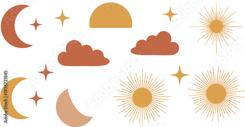 Boho celestial digital elements with suns stars moons and clouds in muted earth tones for bohemian designs