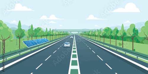 Road through mountains and forest under open sky