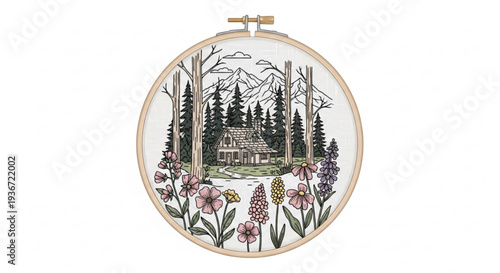 Embroidery of a serene forest cabin with wildflowers and trees in a wooden hoop