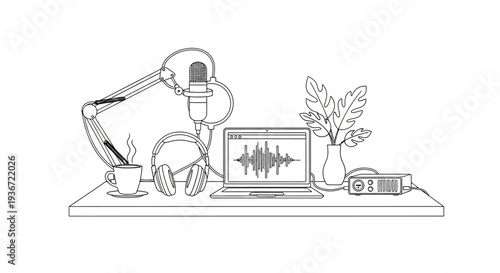 Home Podcast Studio Setup with Laptop Displaying Sound Waves and Microphone on Desk with Plant in Bright Studio.