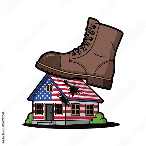 A house with an American flag design crushed by a boot