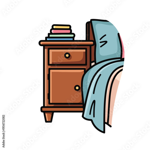 A nightstand with books and a bed