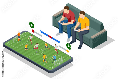 Isometric living room interior with two man play football video game on television. Sofa, console and screen show soccer match simulation. Sports entertainment, gaming hobby, home leisure