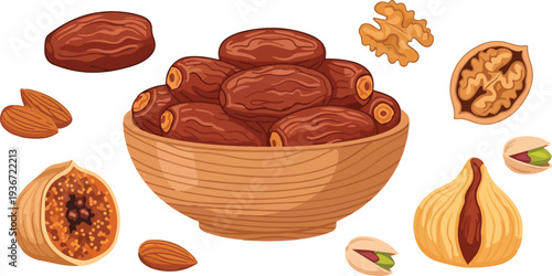 Dates and nuts in wooden bowl with other dates, almonds, pistachios, walnuts, and figs scattered around