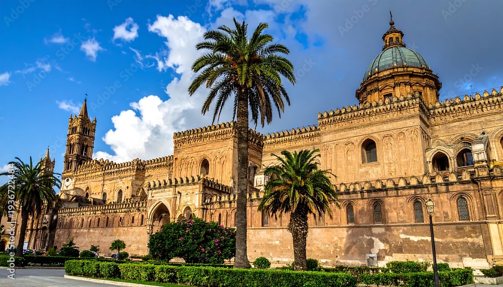 Fototapeta premium Ornate, aged sandstone structure with a domed roof, palm trees, and blue sky. The building features detailed architectural elements and battlements
