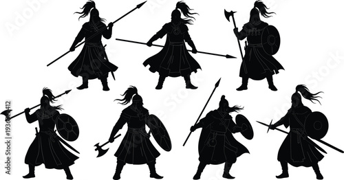 Ancient Warrior Silhouettes Set, Medieval Knight and Spartan Fighter Cad Drawing Flat Vector Illustration