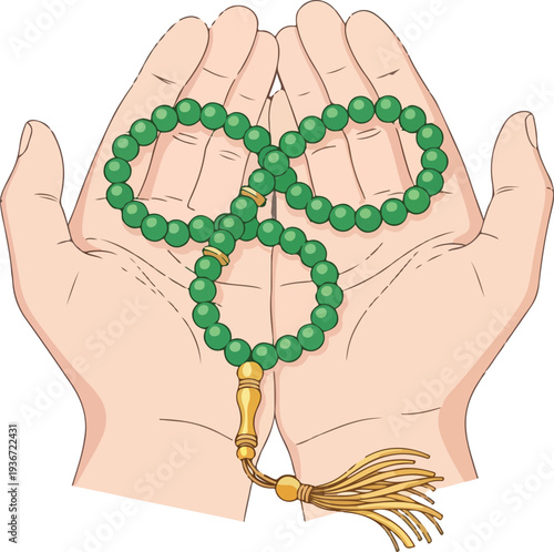 Hands holding green prayer beads symbolizing religion and spirituality