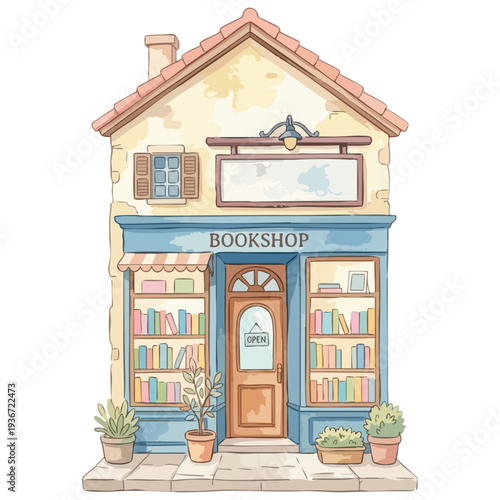 Charming watercolor illustration of cozy vintage bookshop storefront. Hand-drawn boutique bookstore exterior with books in windows and potted plants. Cute vector storybook style bookshop building