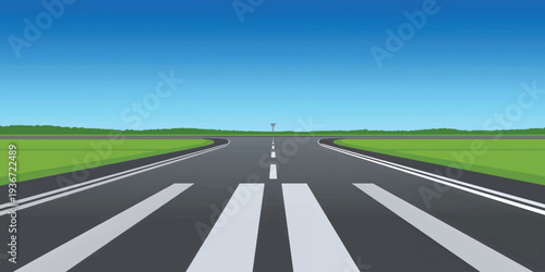 Road stretching through green countryside under a bright summer sky