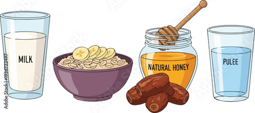 Healthy breakfast set with glass of milk bowl of oatmeal with banana slices jar of honey dates and fresh water pulee
