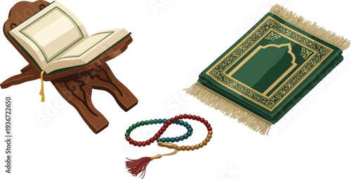 Holy quran on wooden stand with prayer rug and beads for islamic worship and religious meditation during ramadan season