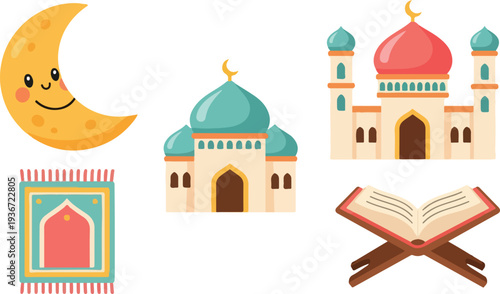 Islamic ramadan celebration elements set with cute moon mosque prayer rug quran on stand and minaret flat vector design