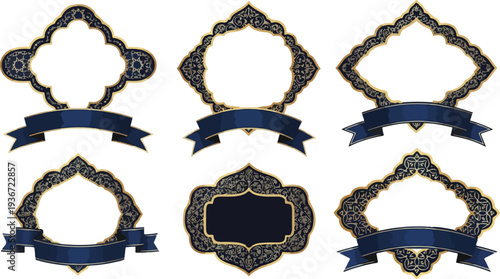 Ornate Islamic frames and ribbons in navy blue and gold on transparent background