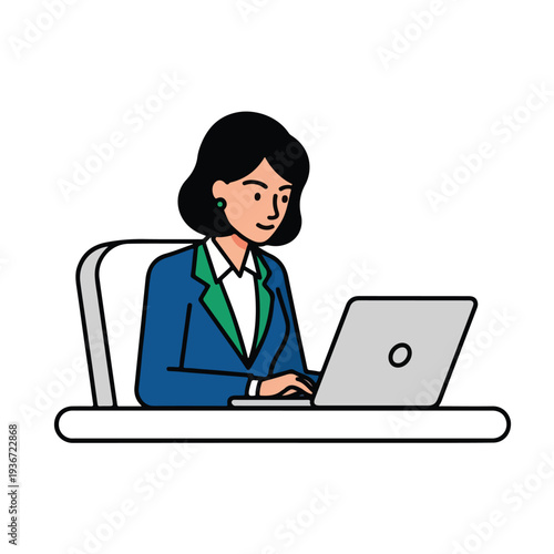 A woman in a blue and green blazer working on a laptop