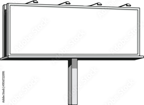 Large outdoor blank billboard with overhead lighting and metal support post for advertisement mockup on transparent background
