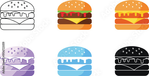 Colorful Burger Collection with Cheeseburger Variations in Flat Cartoon Style Fast Food Vector Illustration Set