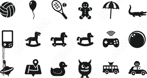 Kids toys and playtime icon set balloon racket umbrella rocking horse game console vector symbols collection