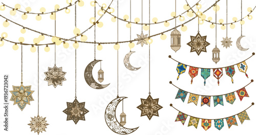 Ramadan decorations and holiday lights set isolated on transparent background for islamic festival celebration