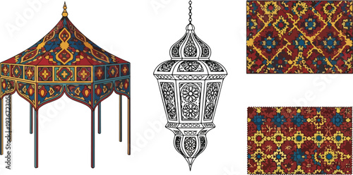 Ornate tent, detailed lantern, and decorative patterns inspired by Middle Eastern art