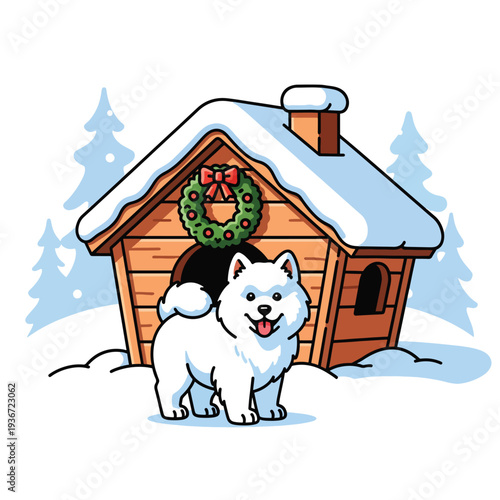 A white dog standing in front of a snow-covered wooden doghouse