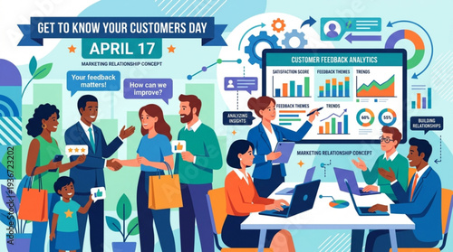 Business team discussing customer analysis on get to know your customers day april 17 with infographics and graphs
