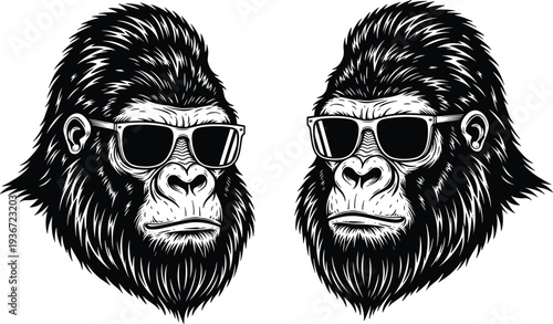 Black and white vector illustration of gorilla heads wearing sunglasses, cad drawing flat vector illustration of cool primate mascot characters