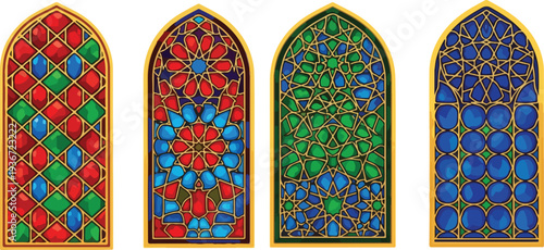 Foto Set of four islamic stained glass windows in different colors and patterns isola
