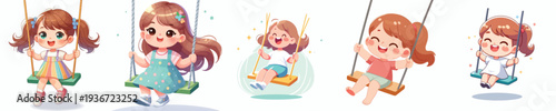 Vector of a little girl playing on a swing. Vector, flat, illustration, minimalist, icon, icon set