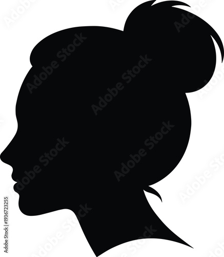 Black silhouette illustration of female head in profile view with hair tied in bun, emphasizing hairstyle, human identity, artistic design, minimalism, and portrait concept.