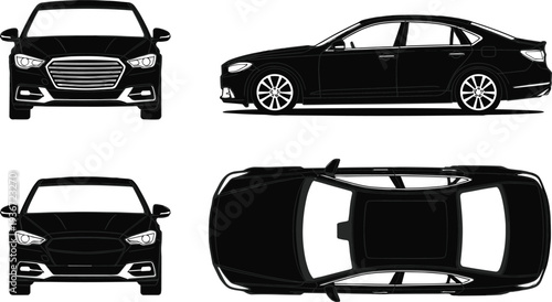 Black silhouette illustration of modern sedan car shown in multiple perspectives including front, side, and top views, highlighting automotive design, 