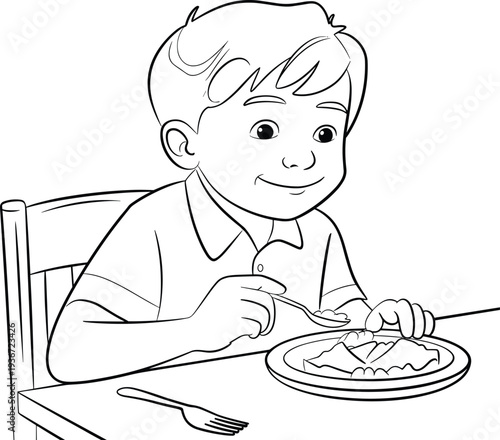 Happy boy eating food, child enjoying meal, sitting at table, kid smiling, healthy eating, family dinner, childhood nutrition, plate and fork