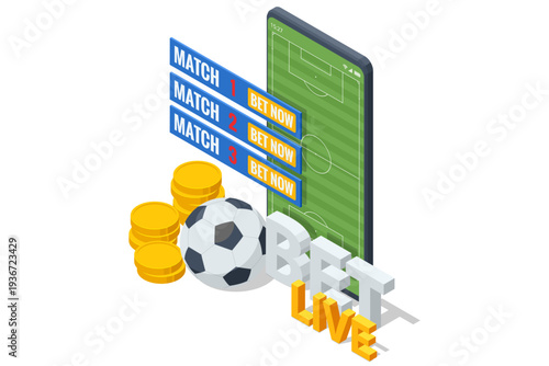 Isometric online football betting concept with laptop screen showing soccer match, smartphone with betting interface, gold coin and trophy. Digital sport gambling platform with score board and match