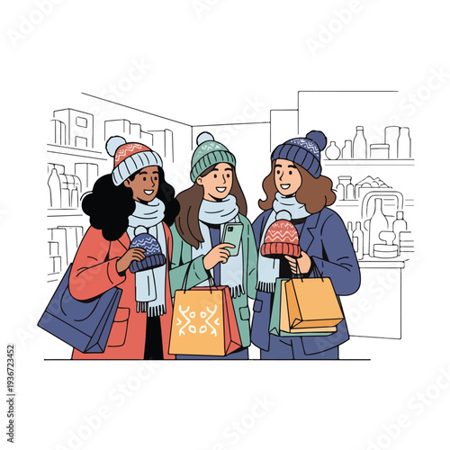 Three women shopping together in a store
