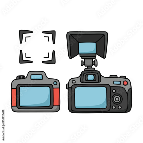 Two cartoon cameras with flash and brackets on a white background