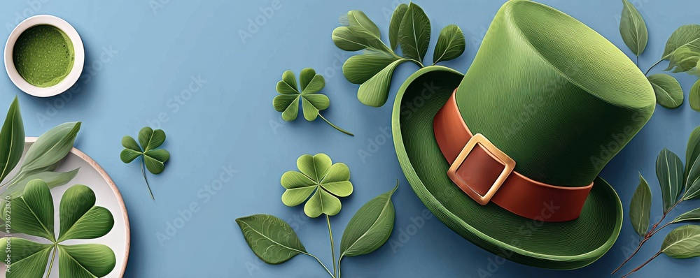 Obraz premium St Patrick's Day green hat and shamrock background with festive lucky clovers and foliage