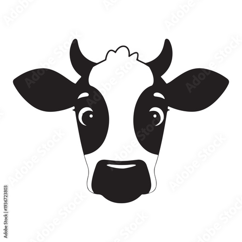 A black and white illustration of a cow's head with a curious expression