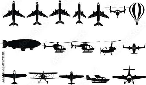 Silhouette illustration collection of diverse aircraft including commercial jets, helicopters, tiltrotors, blimp, hot air balloon, seaplane, and propeller 