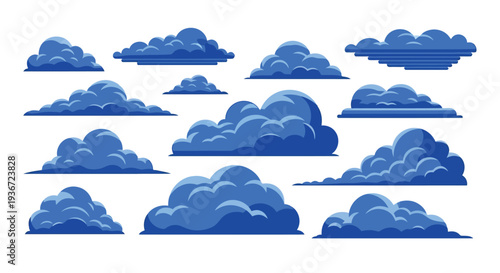 Collection of vibrant blue cartoon clouds in various shapes and sizes